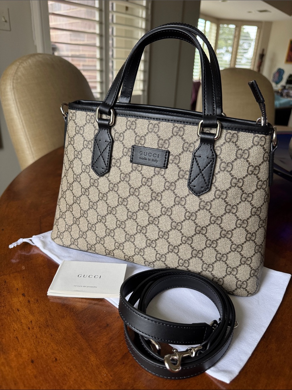 Gucci Beige GG Canvas Satchel with Black Leather Trim